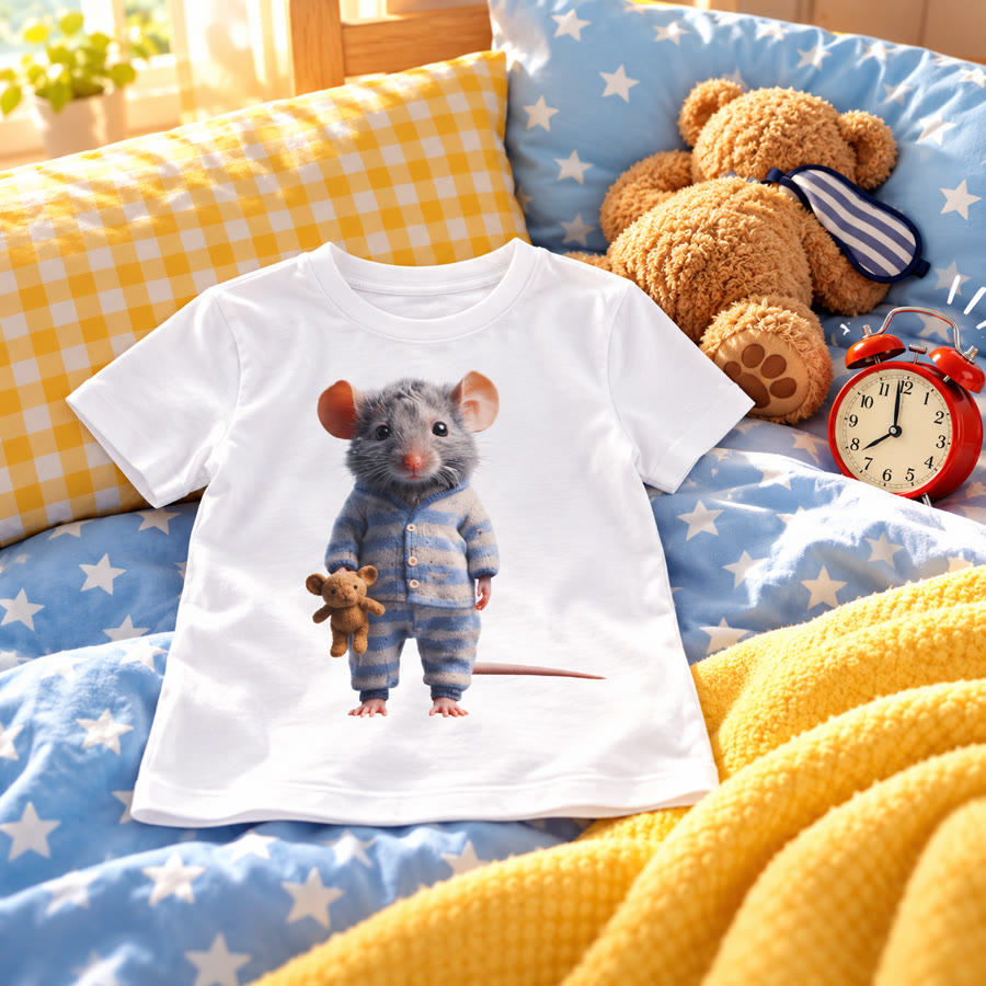 T-shirt enfant souris en pyjama avec doudou, cadeau amusant pour le champion du dodo