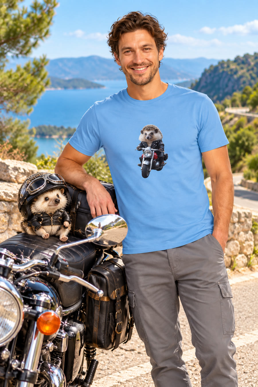 T-shirt hérisson motard en voyage avec un petit hérisson casqué, cadeau pour motard
