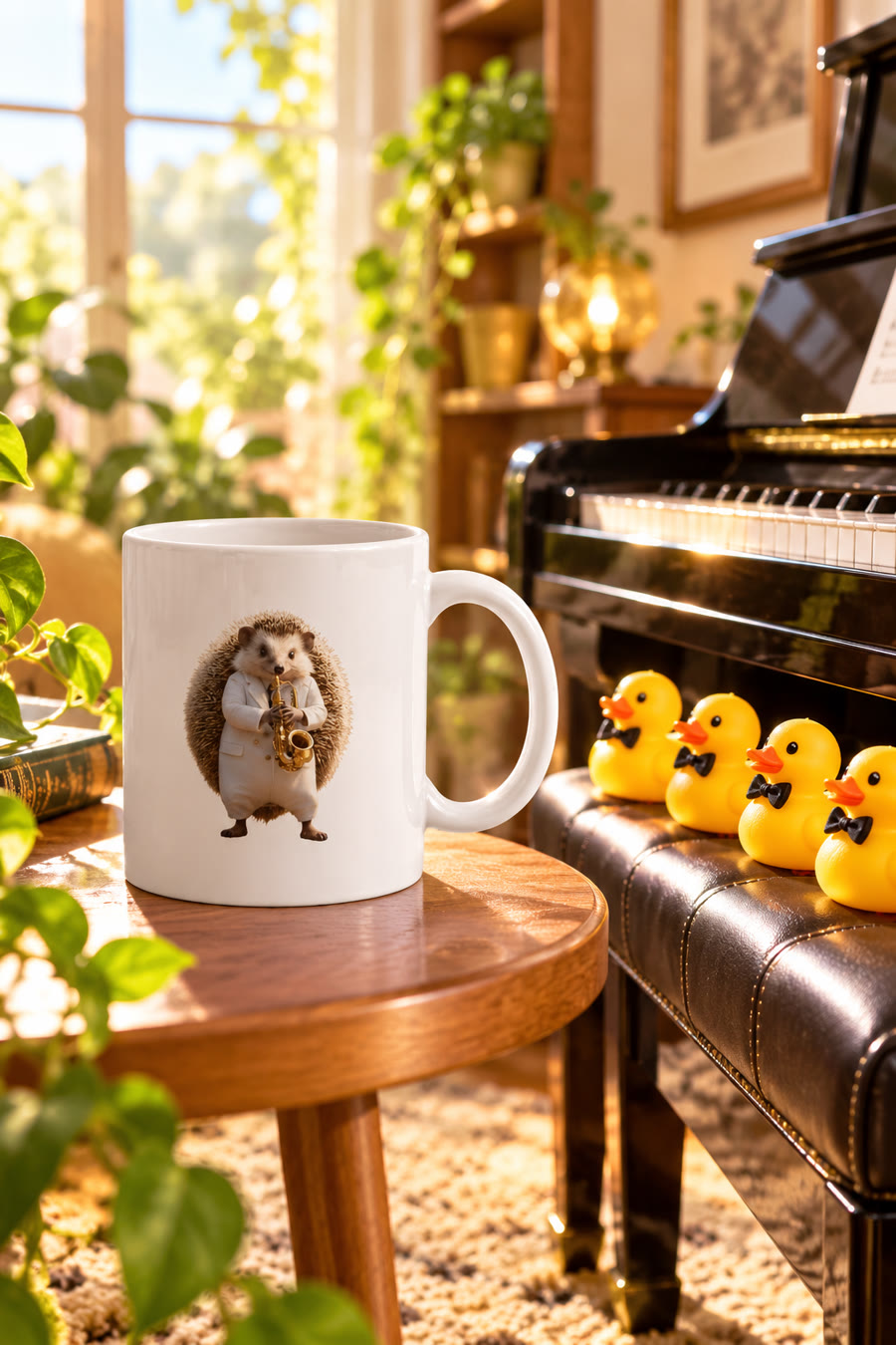 Mug hérisson saxophoniste devant un public de canards, idée cadeau pour musicien