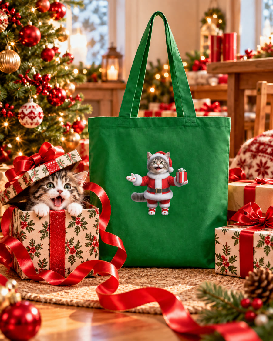Sac vert chaton de Noël près d’un chat caché dans un paquet-cadeau